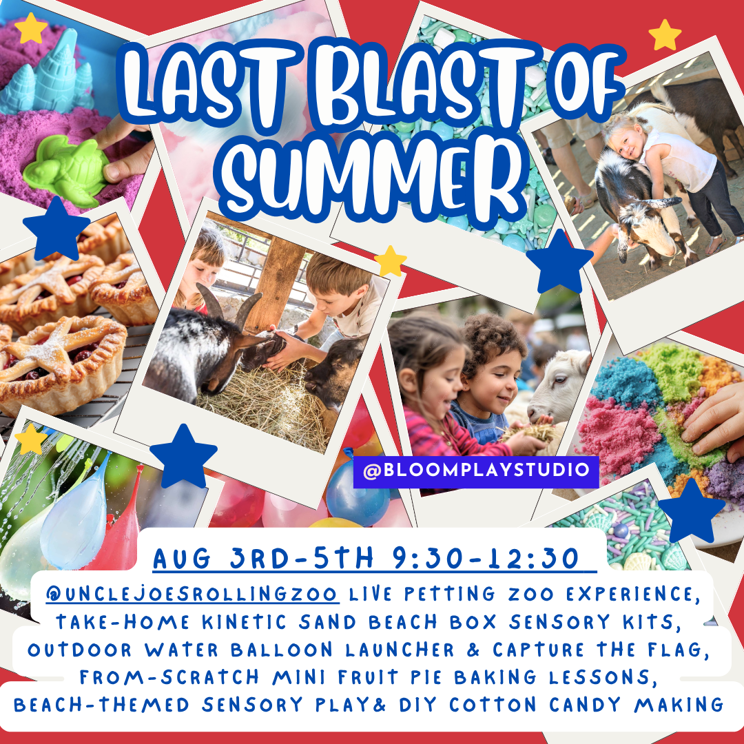 August 3rd-5th: Live Petting Zoo, Custom take-home kinetic sand sensory boxes, outdoor water balloon launcher, from-scratch pie baking, capture the flag and cotton candy making!