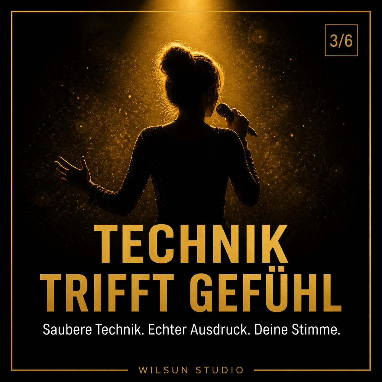 Sängerin auf der Bühne im goldenen Gegenlicht – „Technik trifft Gefühl“. Professionelles Gesangscoaching im Wilsun Studio Osnabrück.