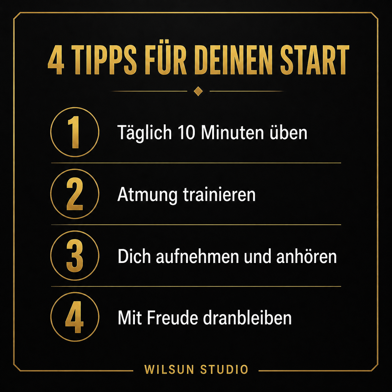 Infografik in Schwarz-Gold: Vier Tipps für den Start beim Singen – täglich üben, Atmung trainieren, sich aufnehmen und mit Freude dranbleiben.