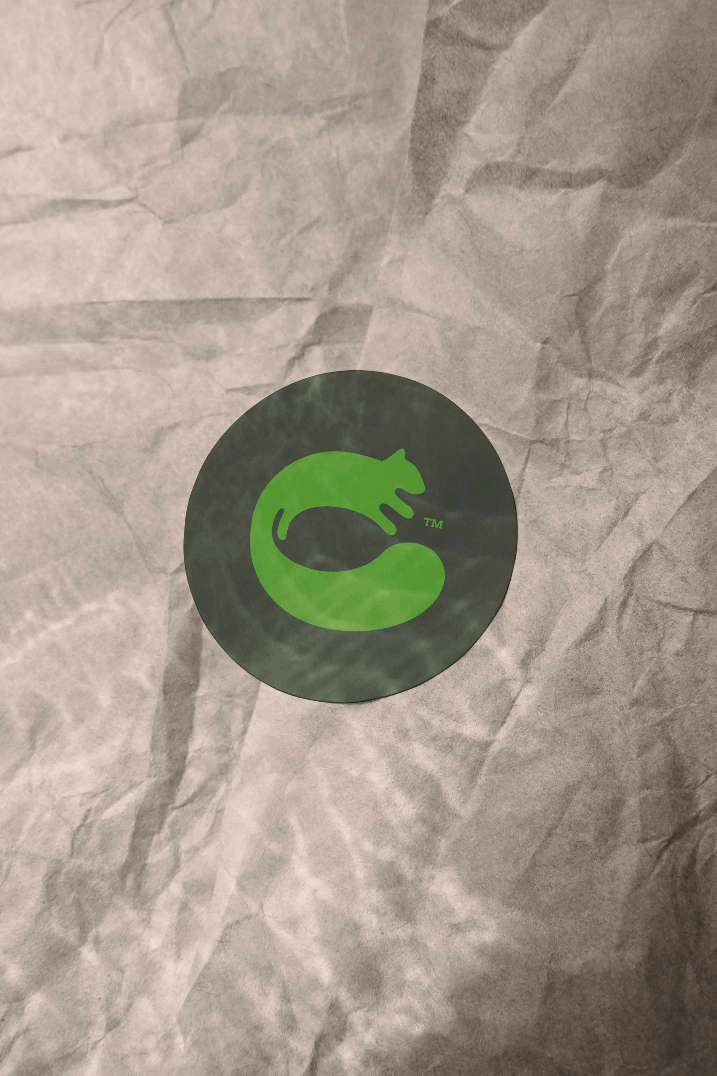 A sticker with a green dragon logo on a black circle background on a crumpled white and gray paper surface.