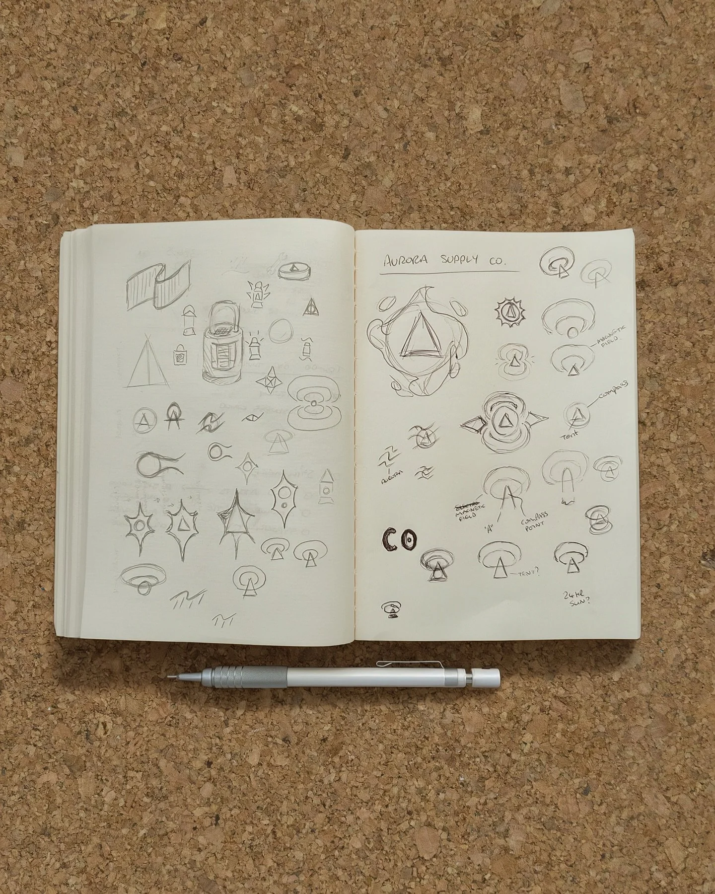 🕵🏻&zwj;♂️ Snapshot of the research and development behind the Aurora Supply Co. logo.

✍🏻 Starting with rough sketches and research into how auroras form through Earth&rsquo;s magnetic field, I explored ways to translate those ideas into simple, r