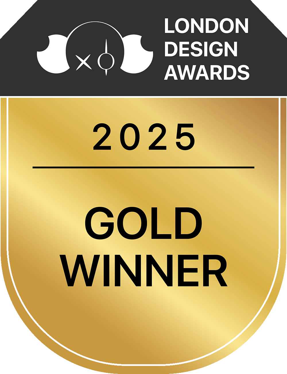 Gold Award badge for the 2025 London Design Awards, indicating a winner.