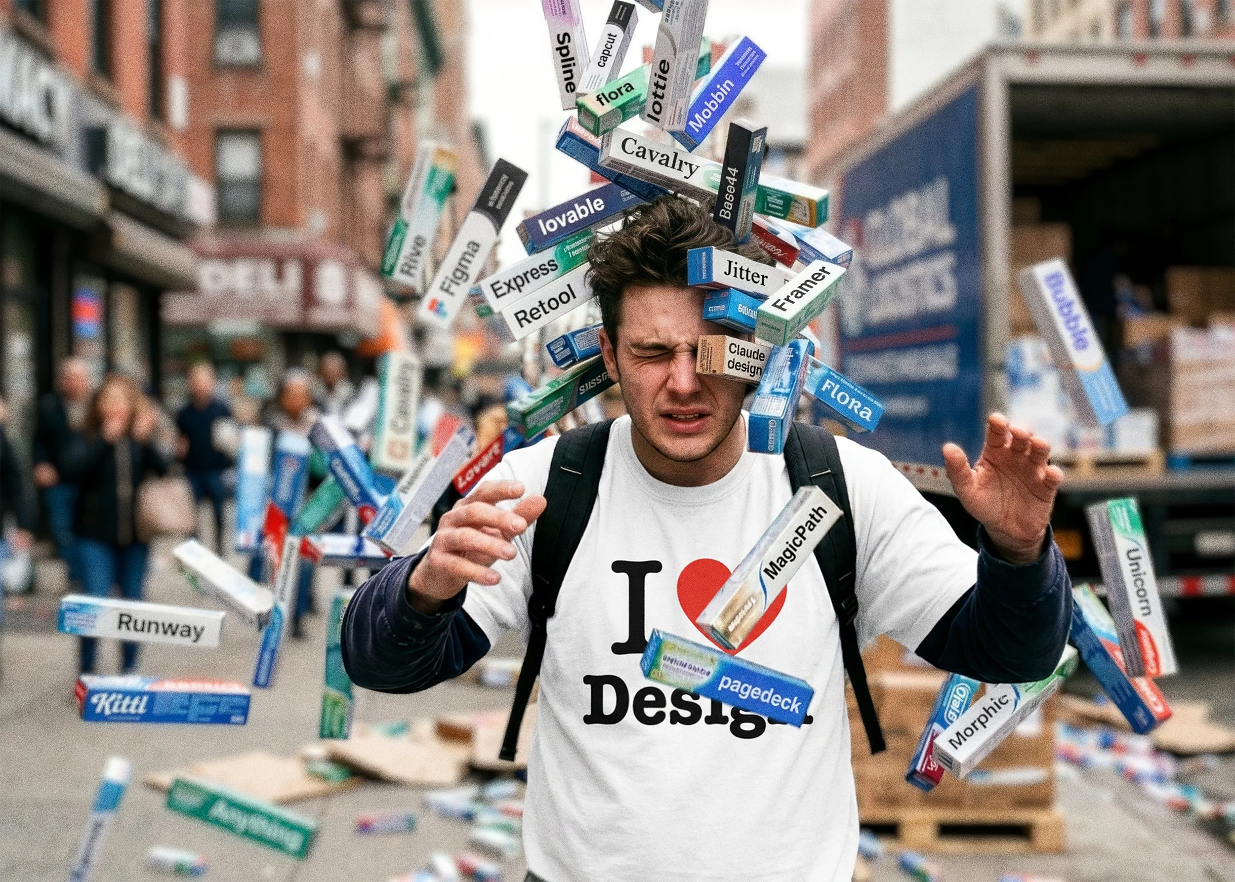 A designer is walking down the road. Hundreds of toothpaste boxes are falling on his head. The toothpaste brand names are replaced with design tool brand names