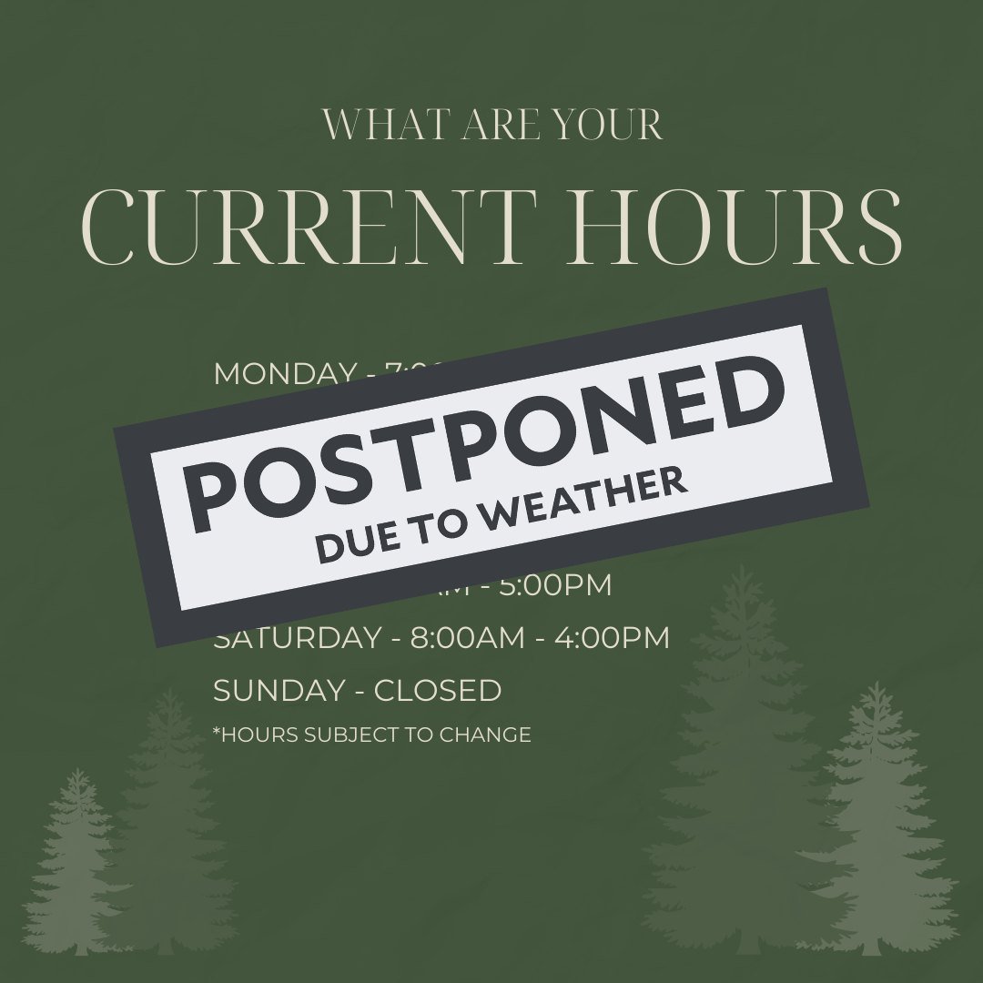 Due to the incoming storm, we will no longer be open this coming Saturday. We will begin our Saturday hours next week.