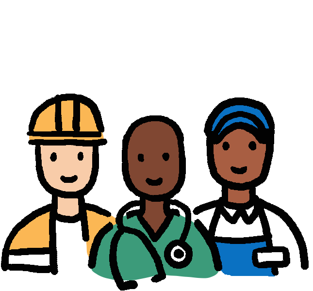 Illustration of a construction worker, a nurse, and a fast food employee