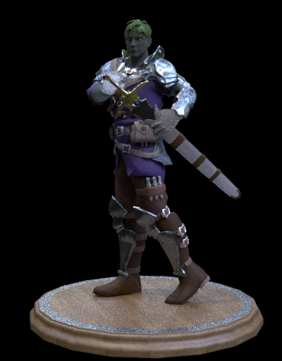 A fantasy swordsman with bark-like skin and leaves in place of hair. Textures done by Jay K using student version of Maya. Model provided by University of Silicon Valley.