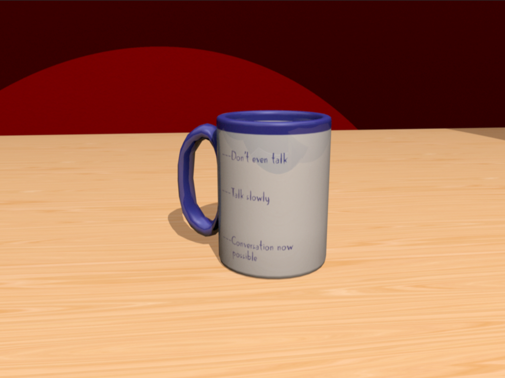An empty coffee mug. Model and textures created by Jay K using Maya LT.