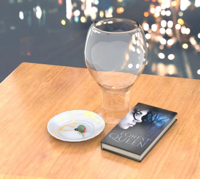 A simple still scene including an empty glass, a small dish with a single olive on it, and a book titled 'Forest Queen.' Textured by Jay K using student version of Maya. Models provided by University of Silicon Valley.