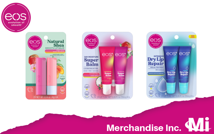 EOS lip care wholesale distributor USA — Natural Shea smooth lip balm, 24H Super Balm, and Intensive Dry Lip Repair