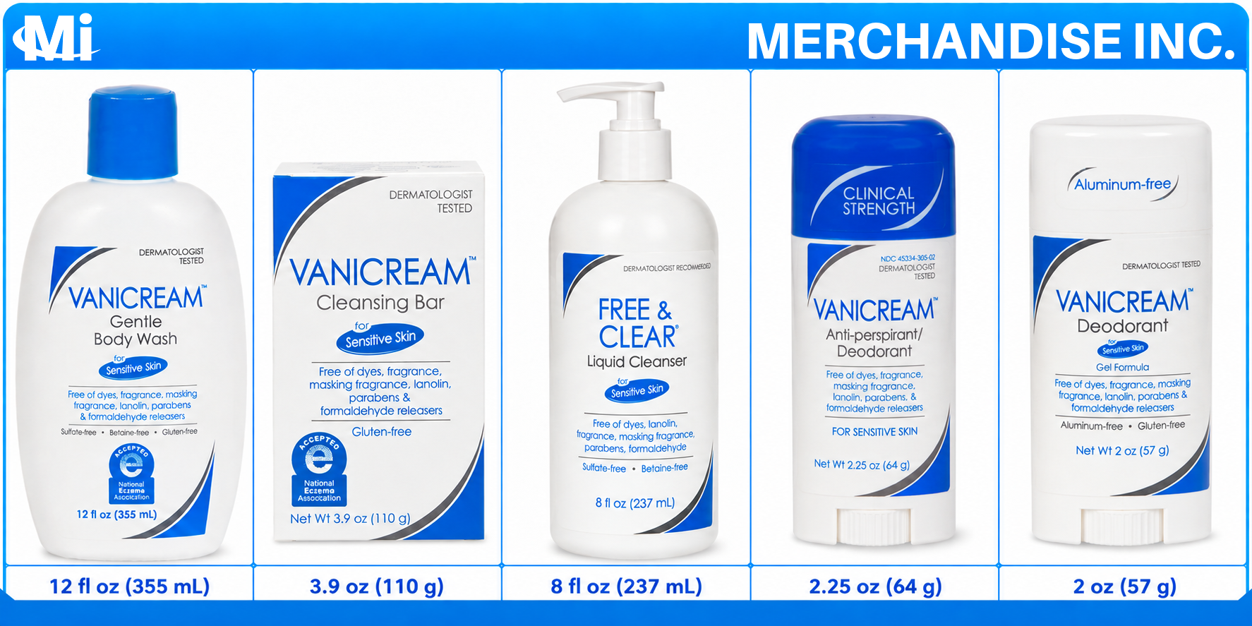Vanicream body wash, cleansing bar, liquid cleanser, and deodorant for bulk wholesale orders