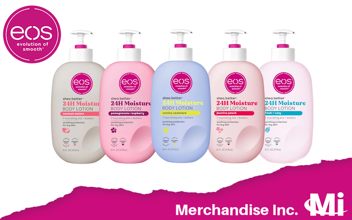 EOS 24H Moisture Body Lotion wholesale distributor USA — multiple scents including vanilla cashmere, pomegranate raspberry, jasmine peach and more