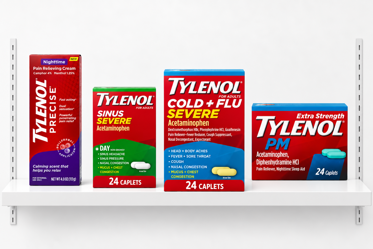 Tylenol PM, Cold + Flu Severe, and Sinus Severe multi-symptom relief caplets for bulk wholesale orders