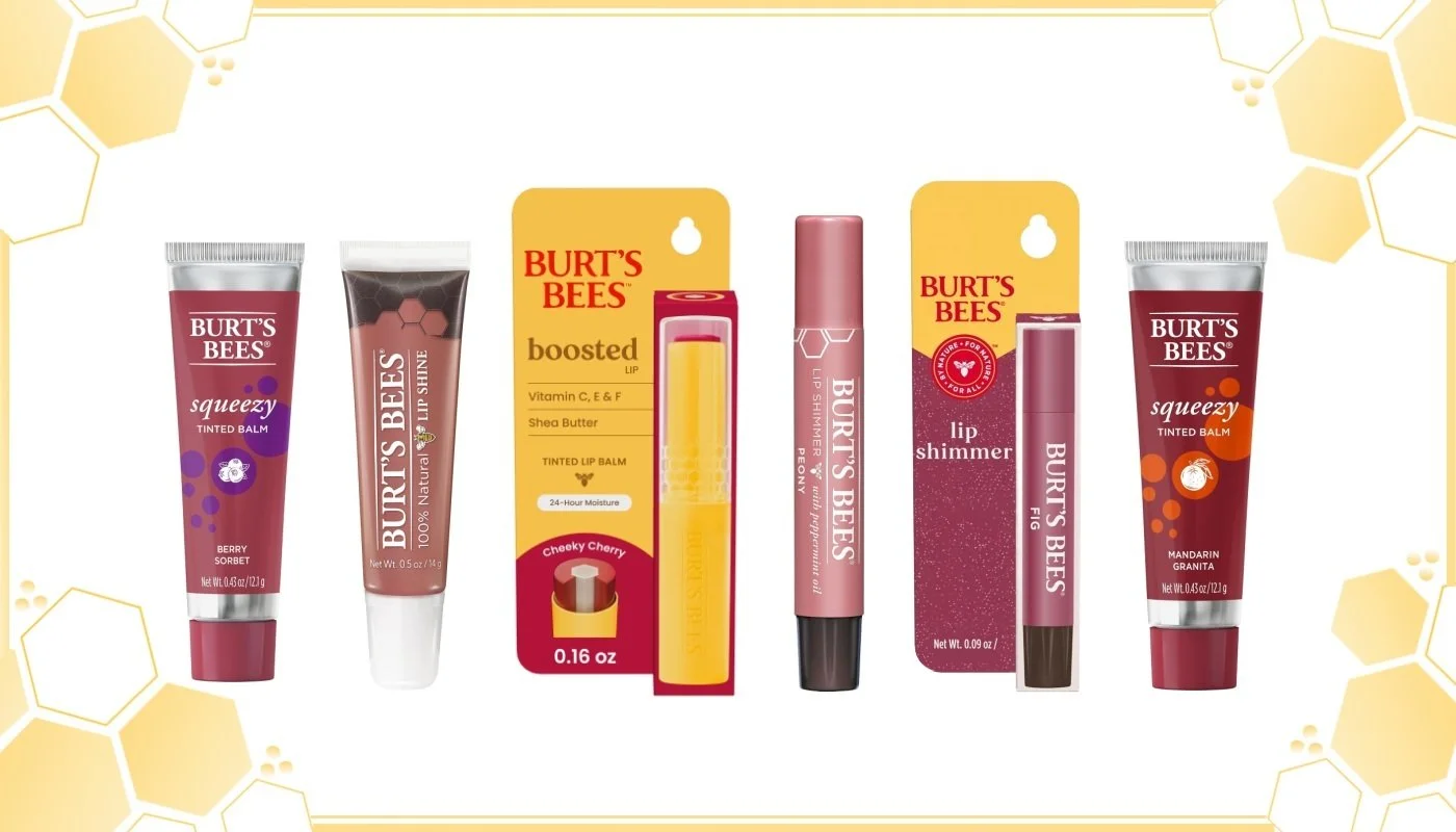 Burt's Bees tinted lip balm, boosted balm, lip shimmer, and lip shine shades available wholesale in bulk for pharmacies, grocery, and gift retailers
