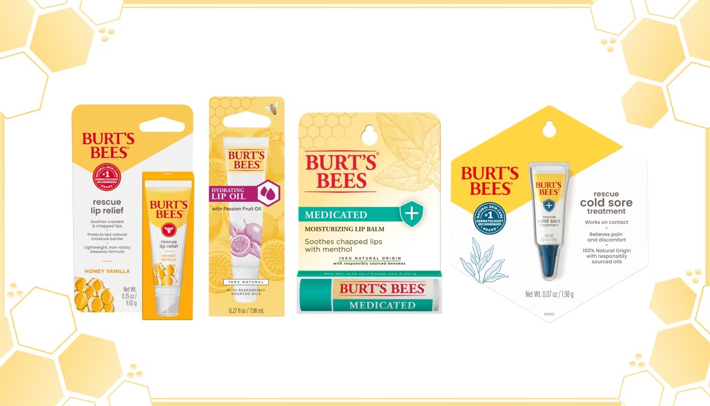 Burt's Bees lip oil, lip butter, conditioning lip scrub, rescue lip relief, and cold sore treatment available wholesale in bulk from Merchandise Inc.