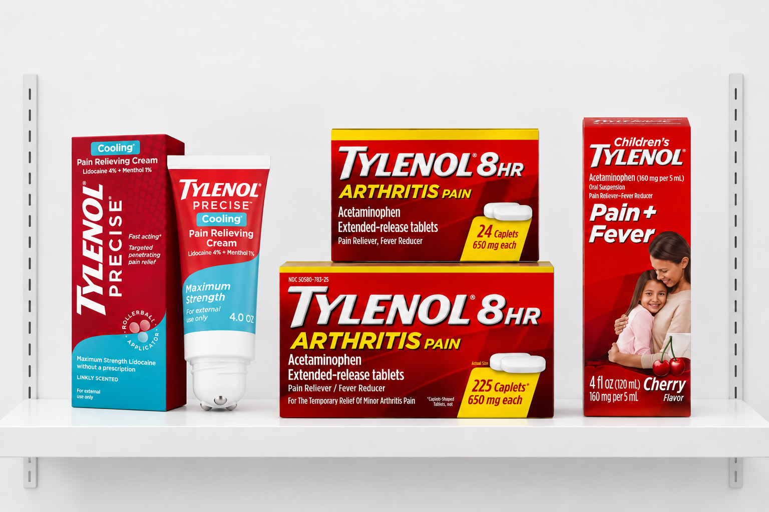 Children's Tylenol liquid, Arthritis 8 Hour caplets, and Tylenol Precise pain-relieving cream for wholesale
