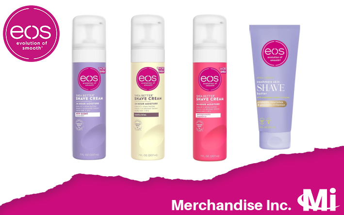 EOS Cashmere Shave wholesale distributor USA — pre-shave scrub, shave butter and post-shave smooth body cream