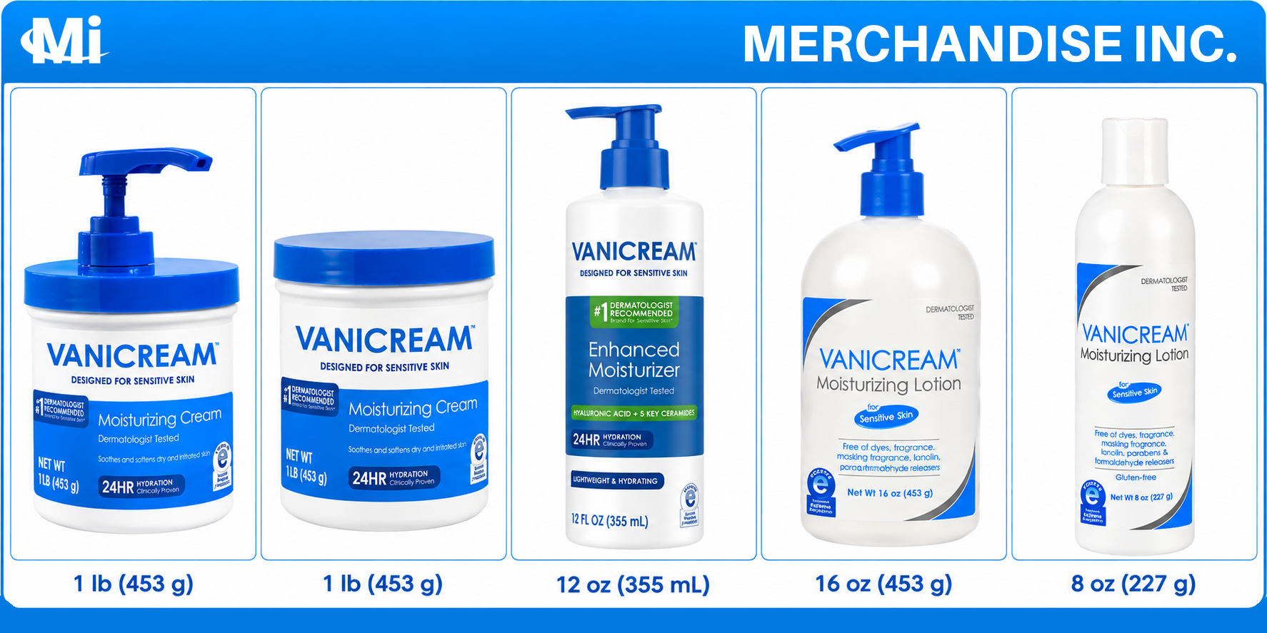 Vanicream Moisturizing Cream jars, Enhanced Moisturizer, and moisturizing lotion bottles for wholesale