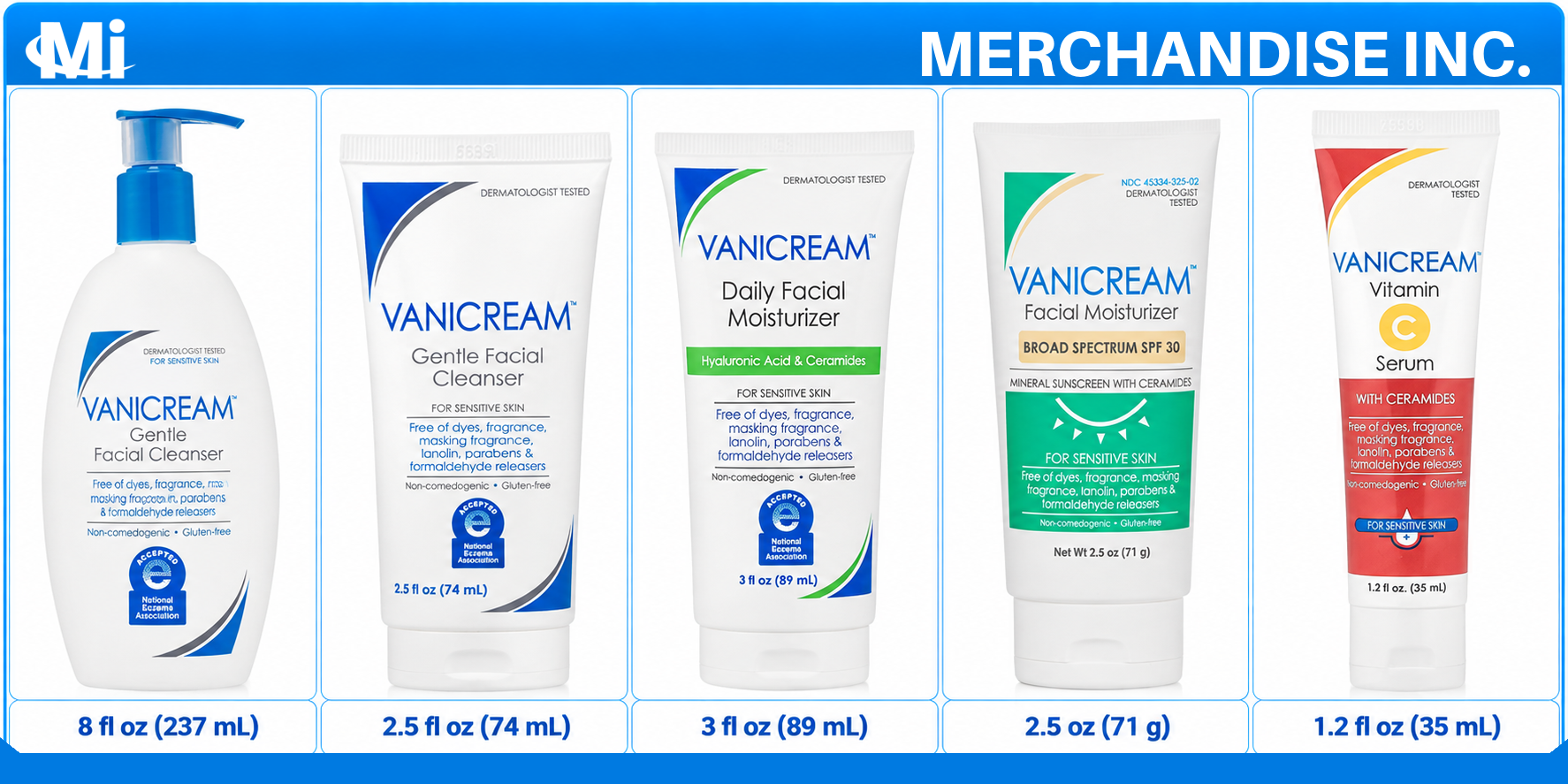 Vanicream gentle facial cleanser, daily facial moisturizer, SPF 30, and vitamin C serum for wholesale