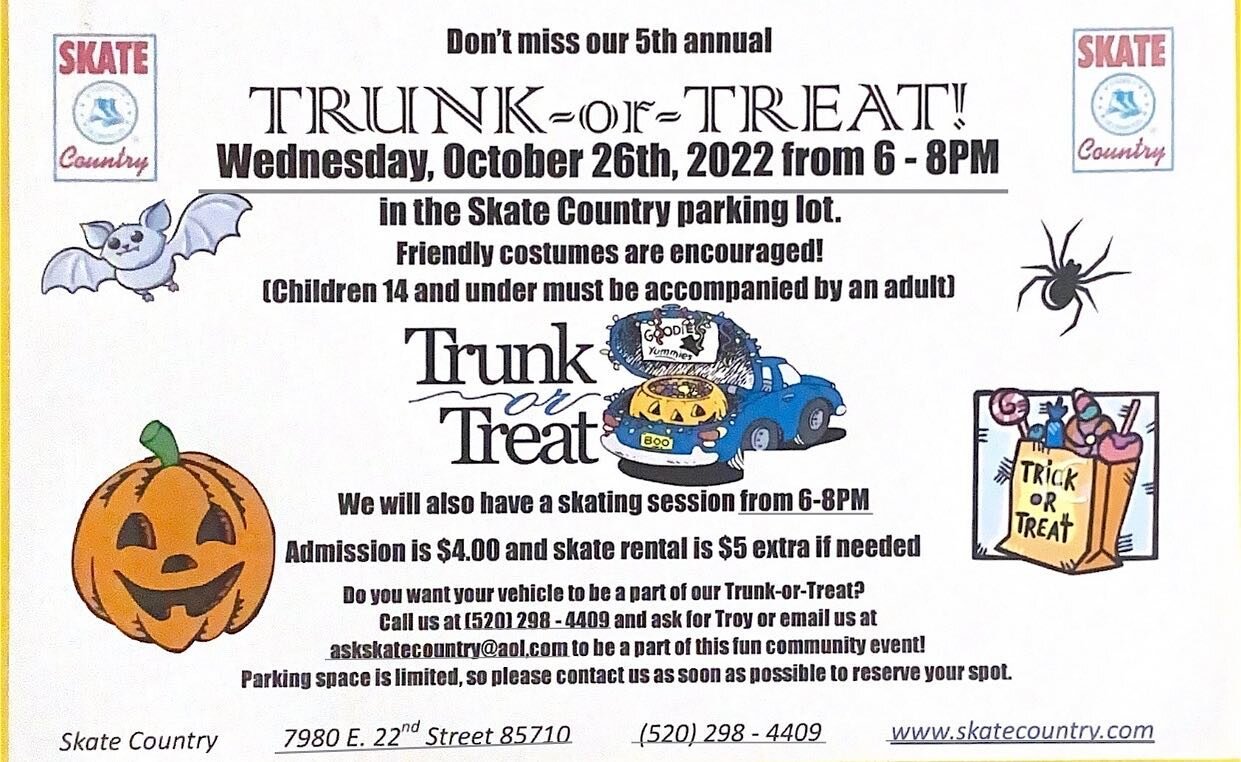 We are back Skaters!!! Come join us for our 5th annual Trunk-or-Treat. Well have cool cars, free candy and the best of all&hellip;.. a 6-8PM skating session. Dress up in your costumes and come join us October 26th starting at 6PM for a spooky skating