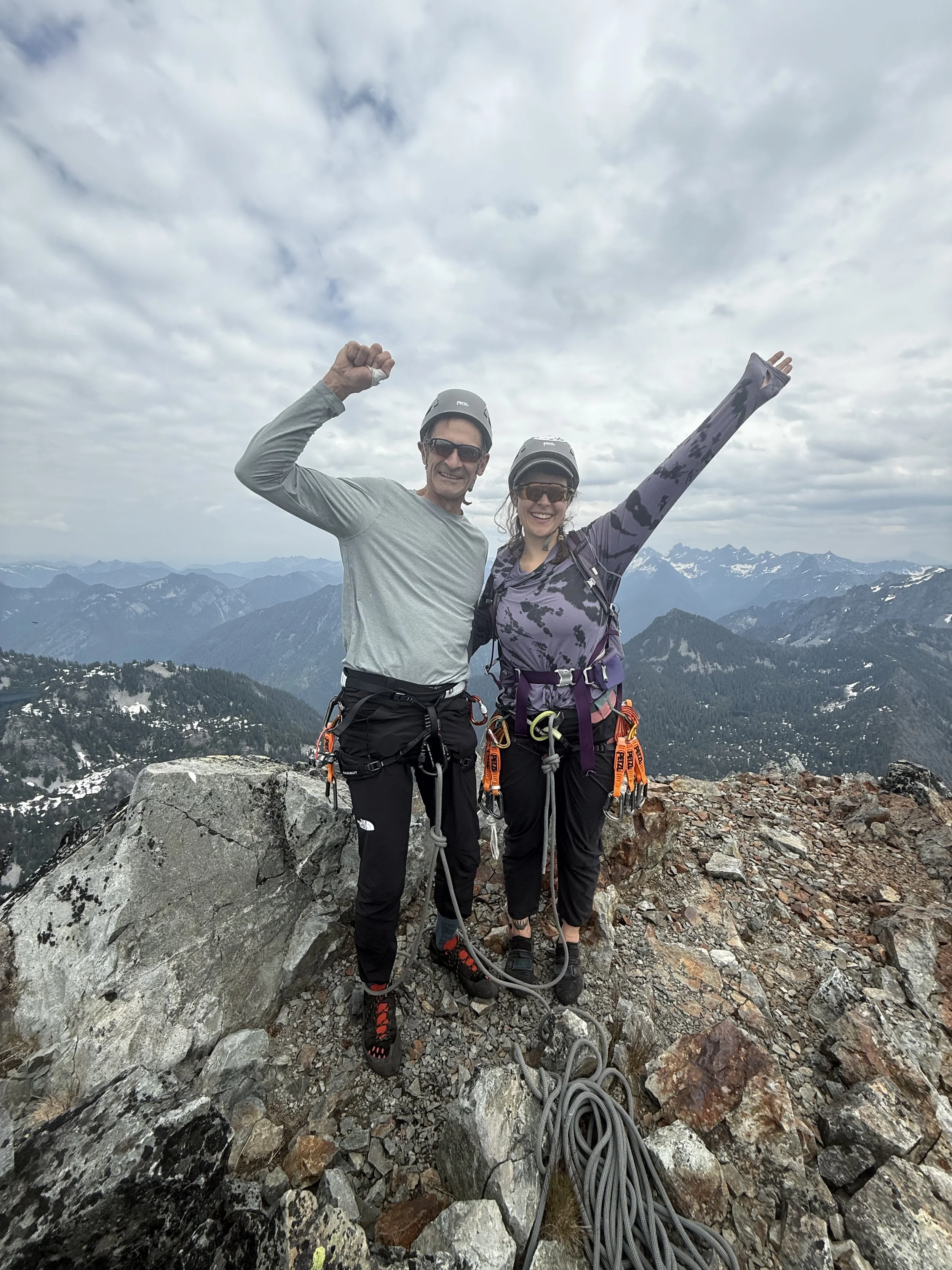 On the Summit of Chair Peak after climbing Voie de Chaise near Snoqualmie Pass. Photo by Ian Nicholson