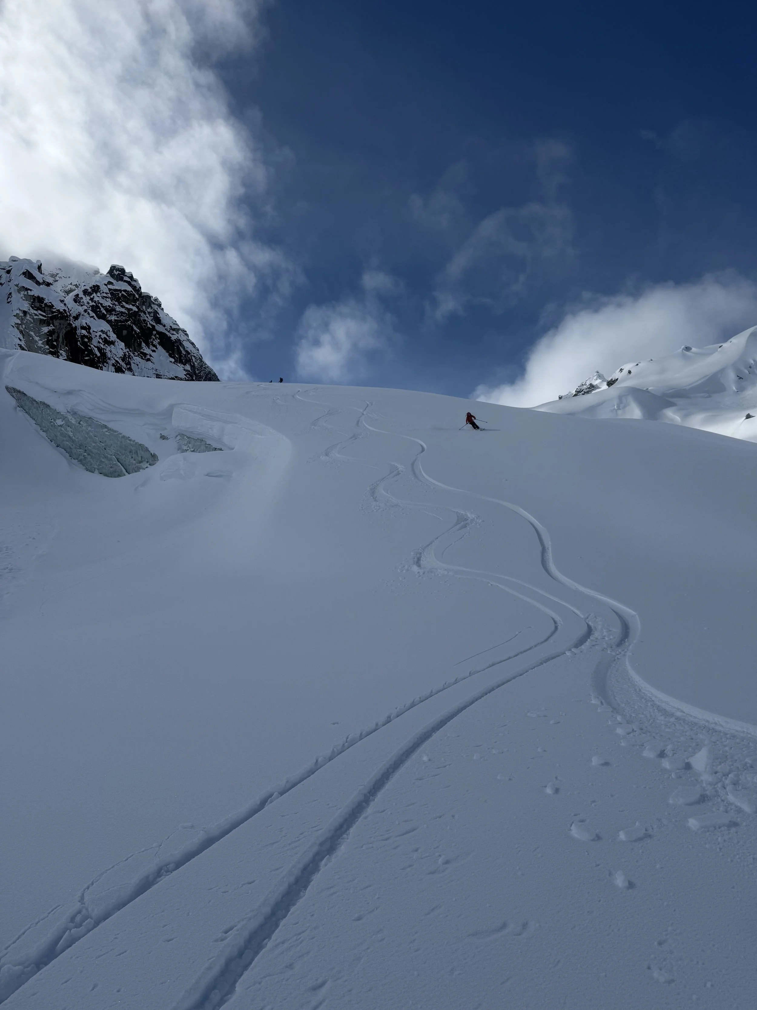 Skiing down the South Central Fork of the Coffee Glacier while skiing touring in the Alaska Range. Photo by Ian Nicholson