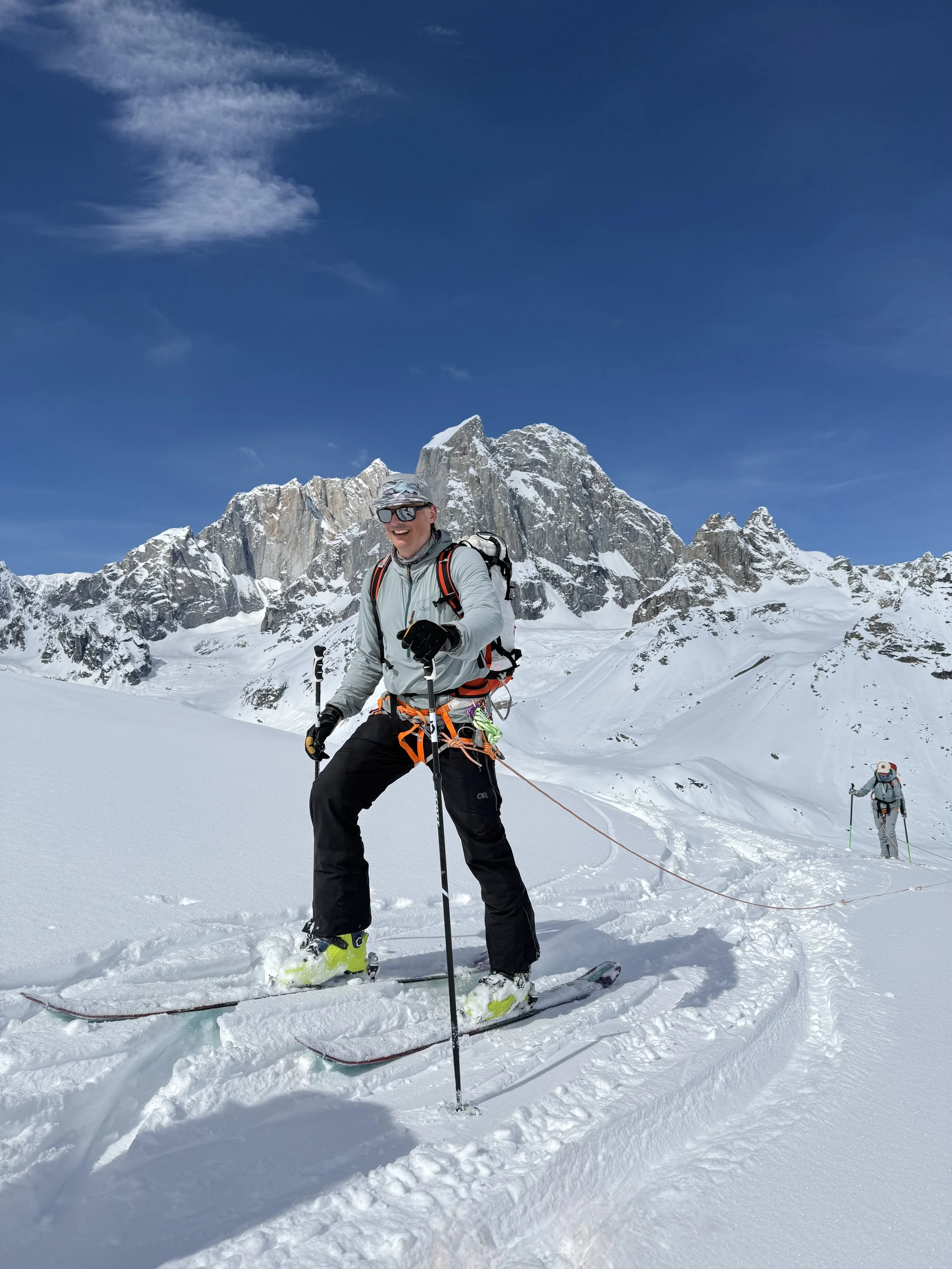 Alaska Range Ski Week, Ryan O'Connell skinning below the Eye Tooth on the Coffee Glacier in the Central Alaska Range