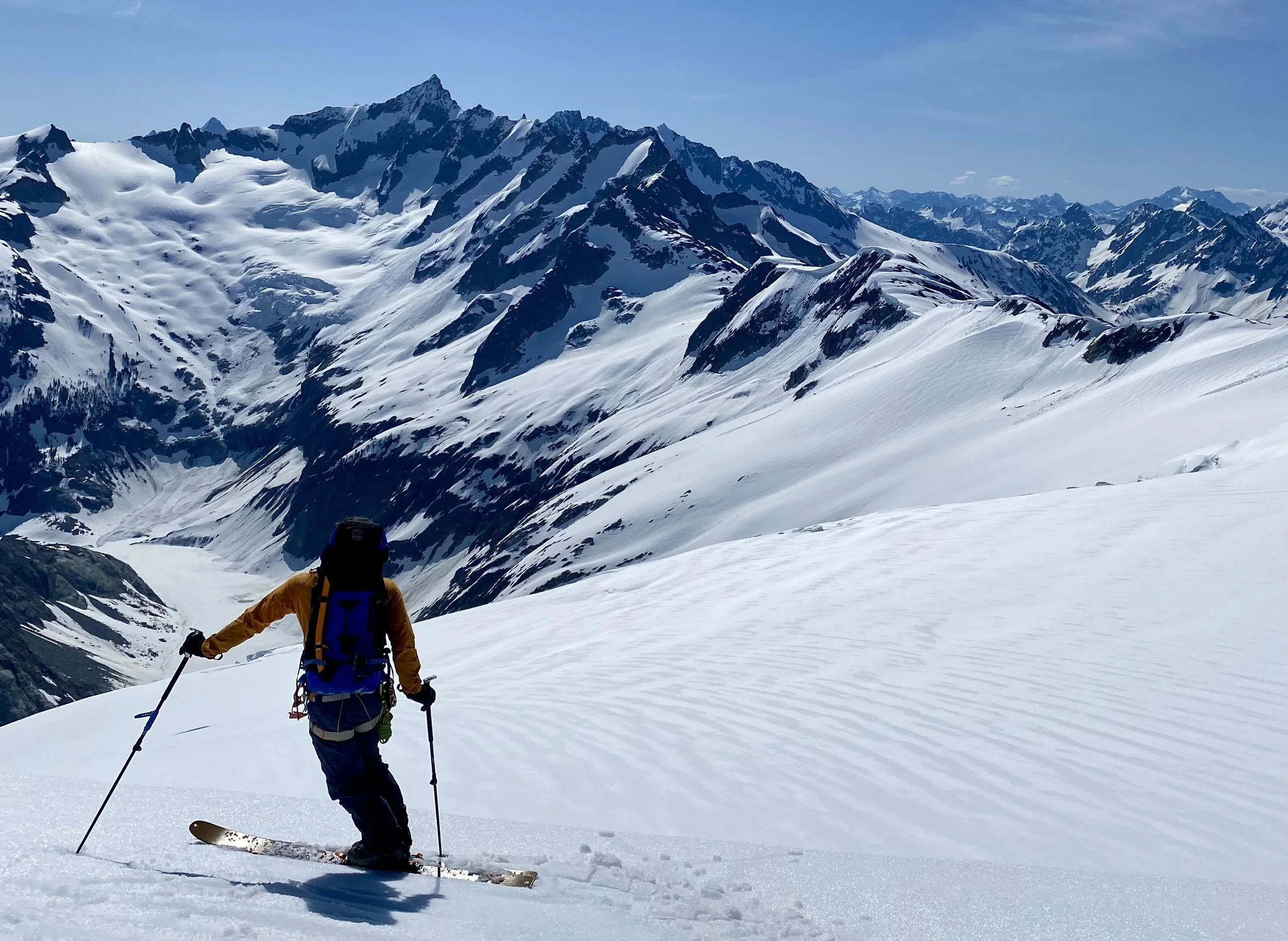 Starring over at Forbbiden Peak towering above Moraine Lake on the Eldorado Glacier oon the Isolation Traverse.  Photo by Ian Nicholson