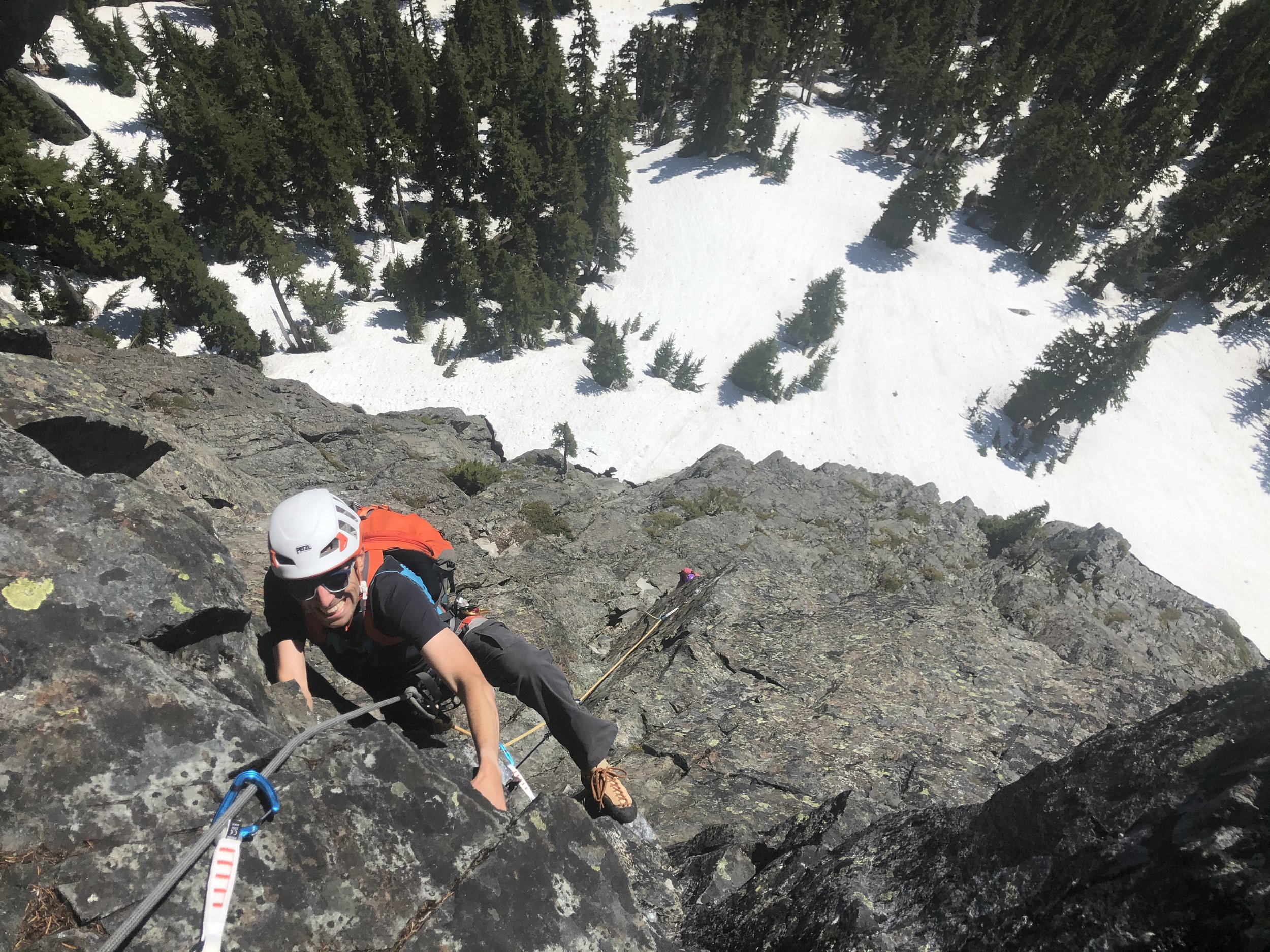 Nate Wilhite follows the crux 5th pitch while climbing the Tooth Fairy, the Tooth, near Snoqualmie Pass