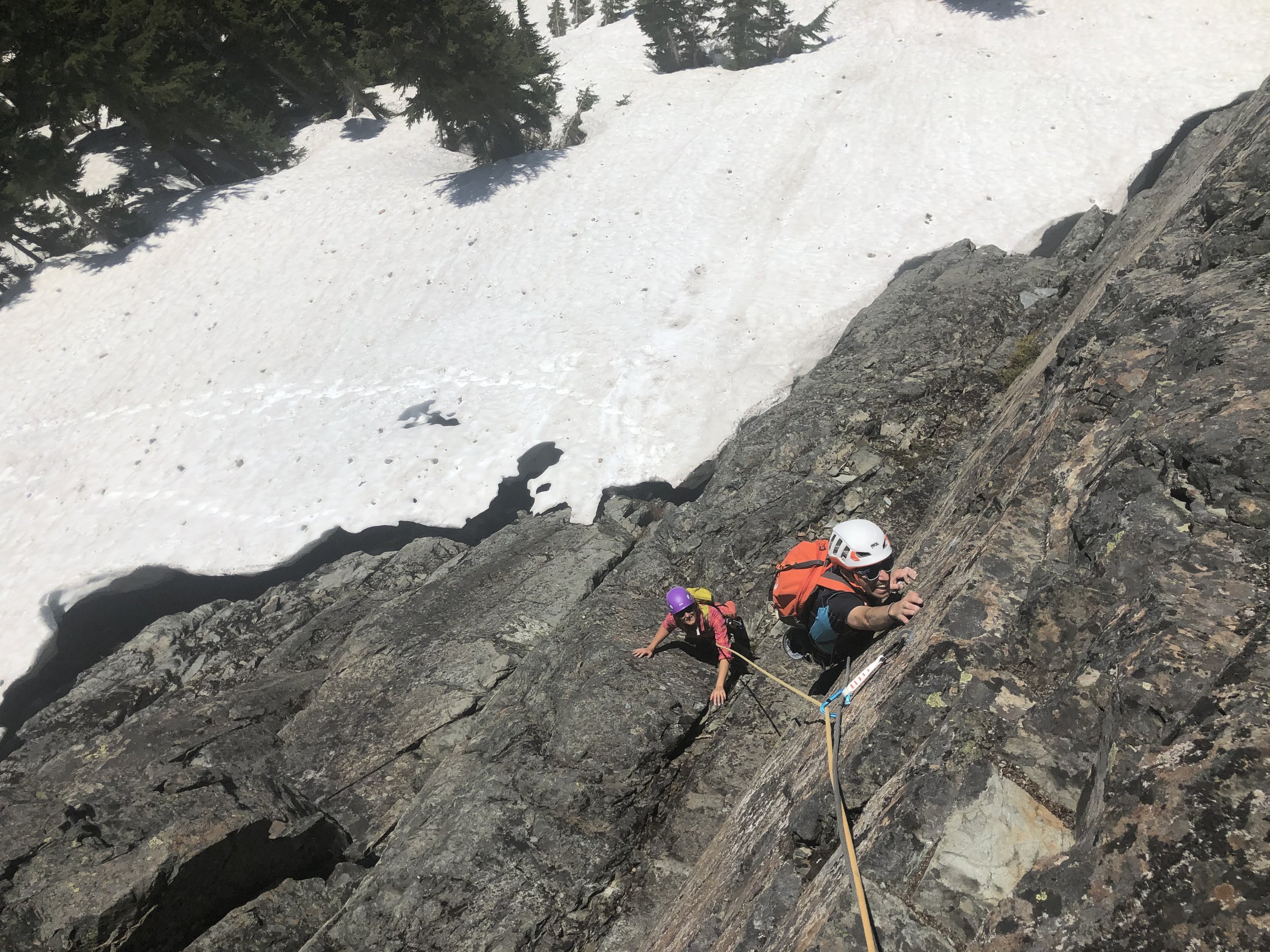 Sara Vavra and Nate Wilhite follows pitch 1 while climbing the Tooth Fairy, the Tooth, near Snoqualmie Pass
