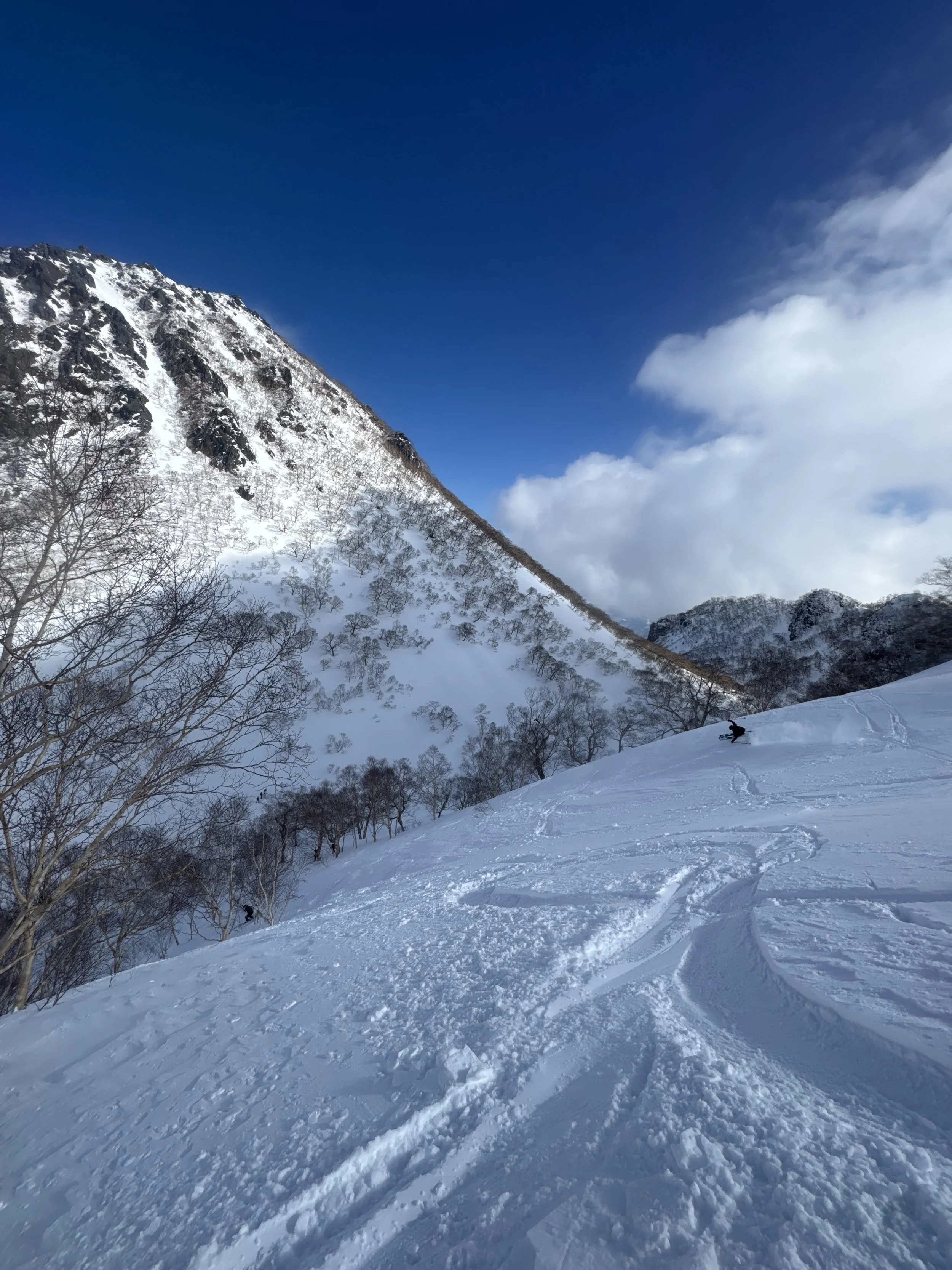 Skiing deep snow into the Crater of Myko San above the resort of Suginoswa, Japan. Photo by Ian Nicholoson