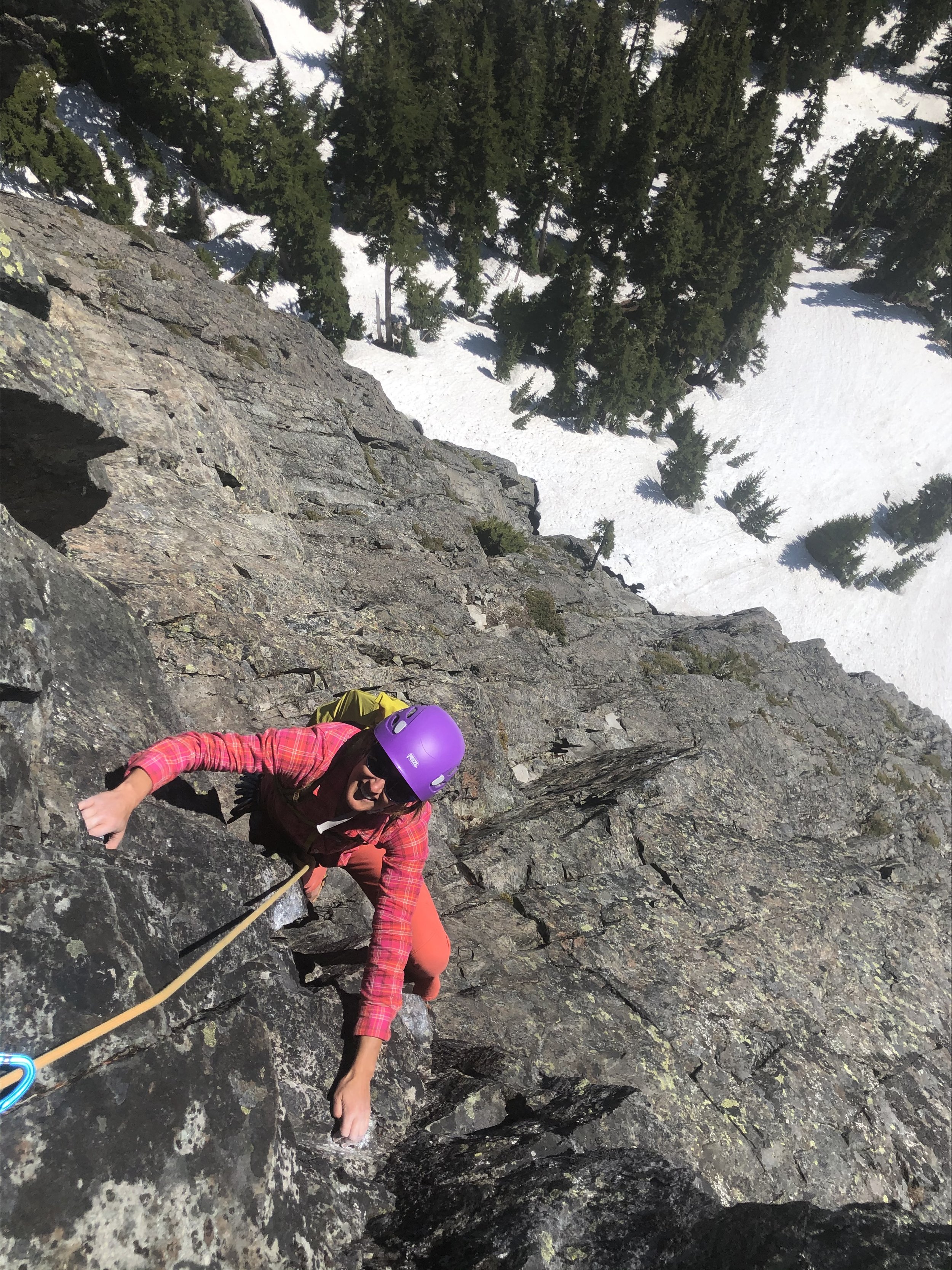 Sara Vavra follows the crux 5th pitch while climbing the Tooth Fairy, the Tooth, near Snoqualmie Pass.