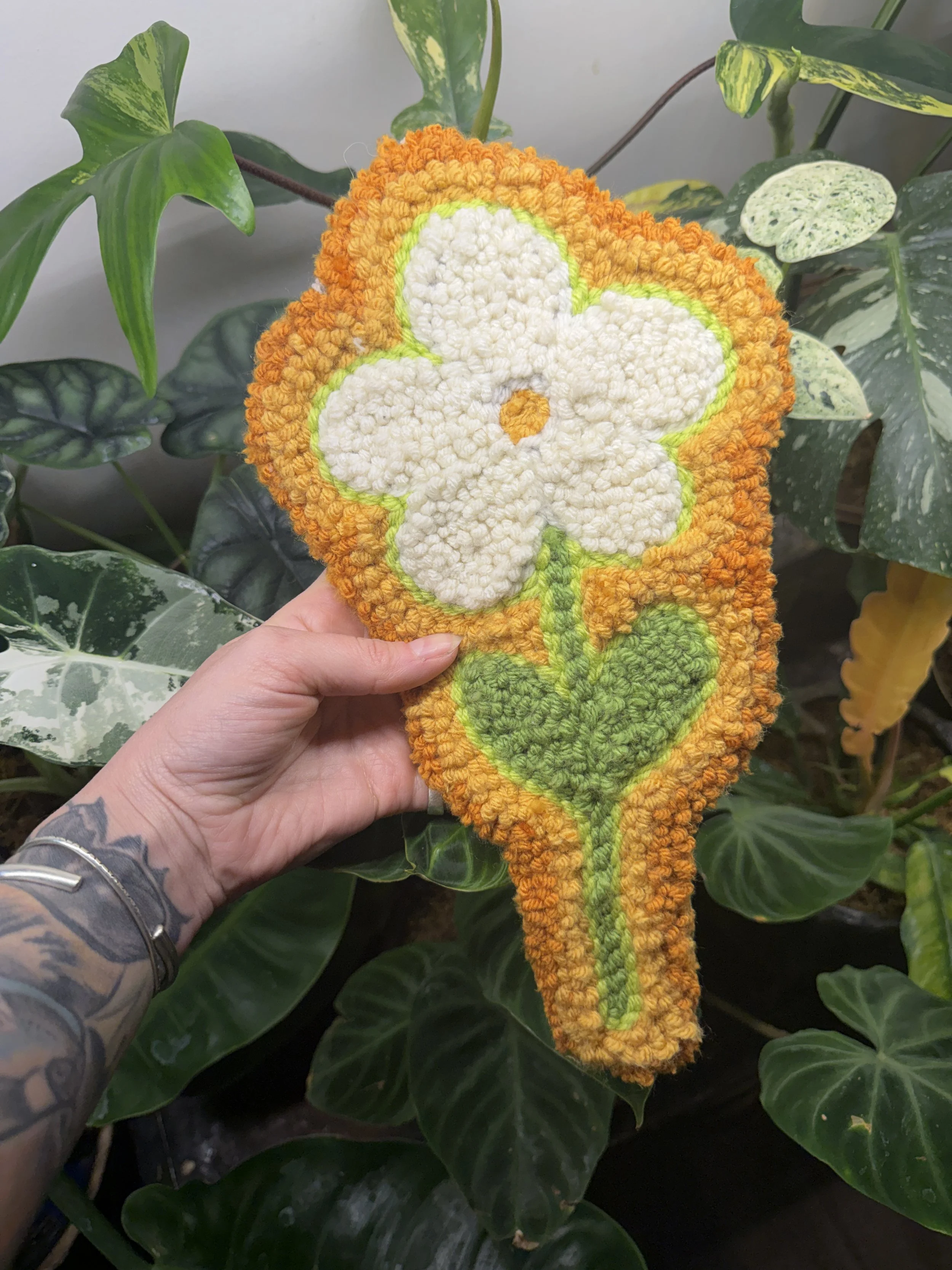 Retro White  Flower Punch Needle Wall Hanging