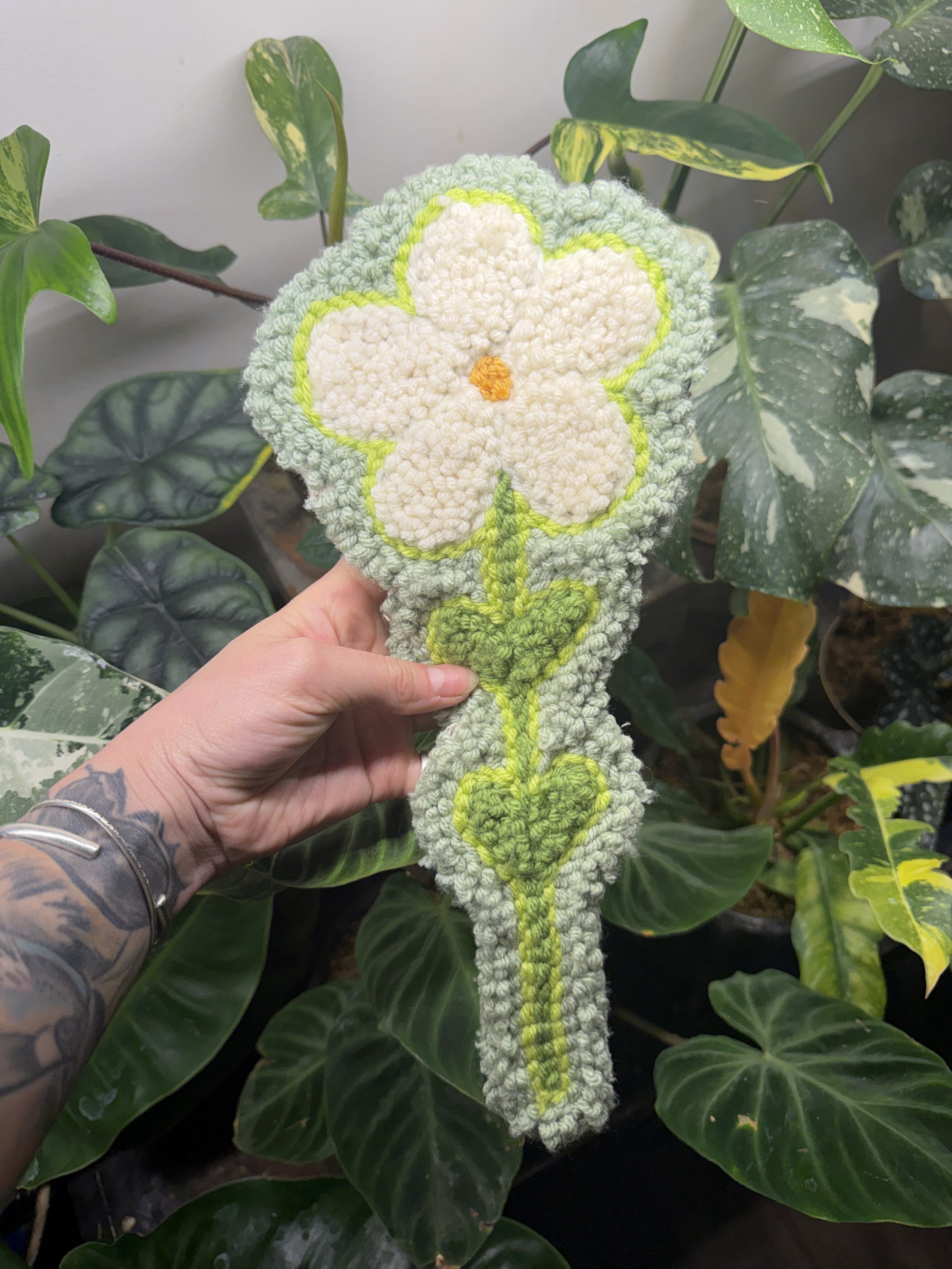Sage Green White Flower Punch Needle Wall Hanging