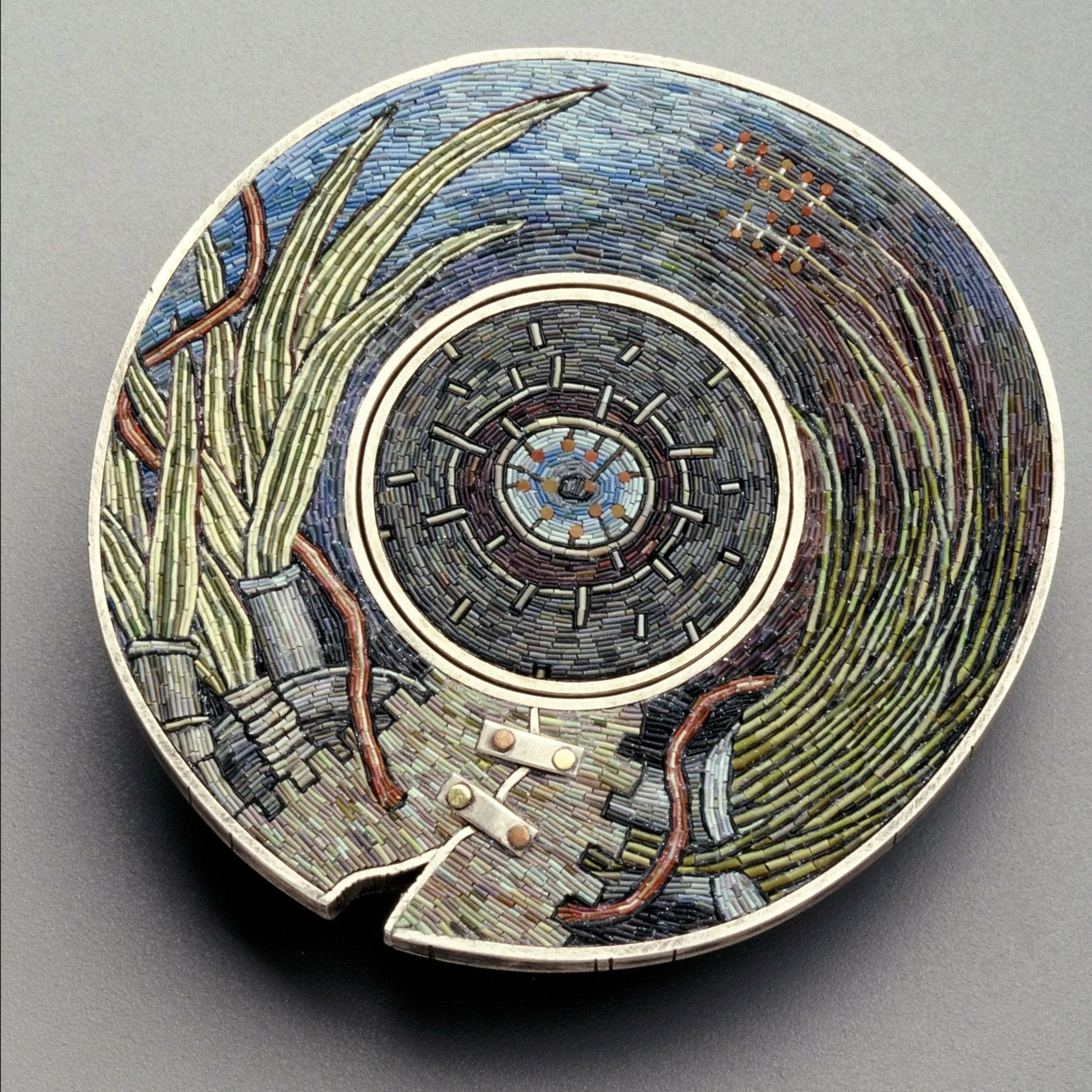 Cynthia Toops, Reeds & Grasses, Bezel by Chuck Domitrovich, Polymer clay, silver, brass & copper rivets, magnets, 2003, 2.9 x 2.9 x 0.25", Photo by Roger Schreiber.