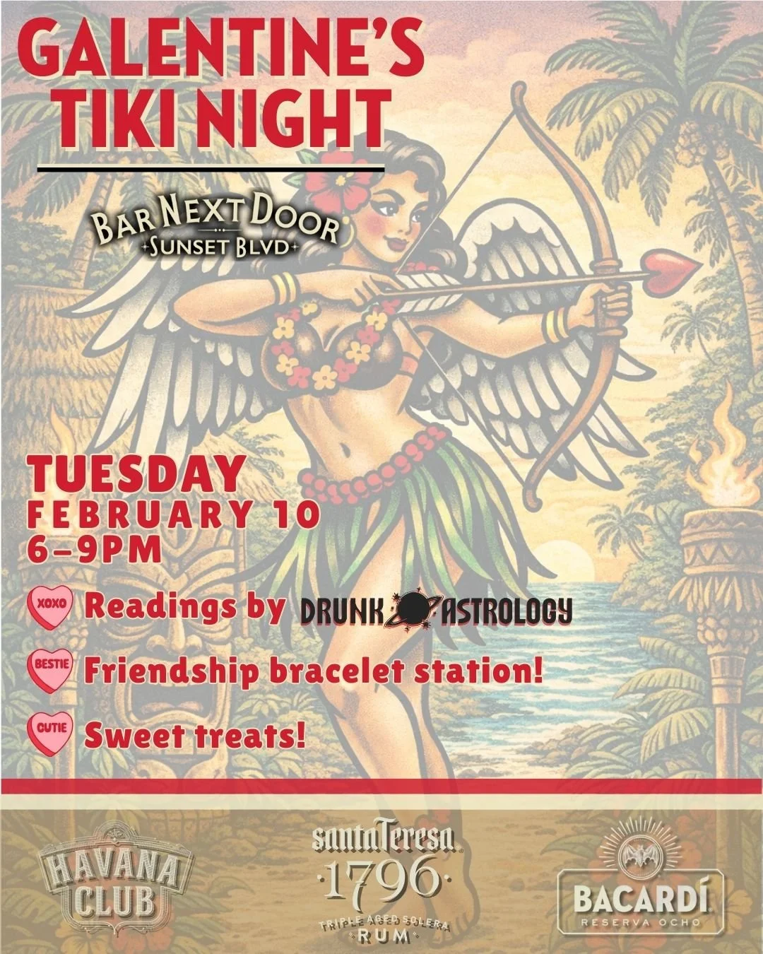 A promotional flyer for an event called Galentine's Tiki Night featuring a tropical-themed illustration of a woman with angel wings, holding a bow and arrow, standing against a sunset with palm trees.