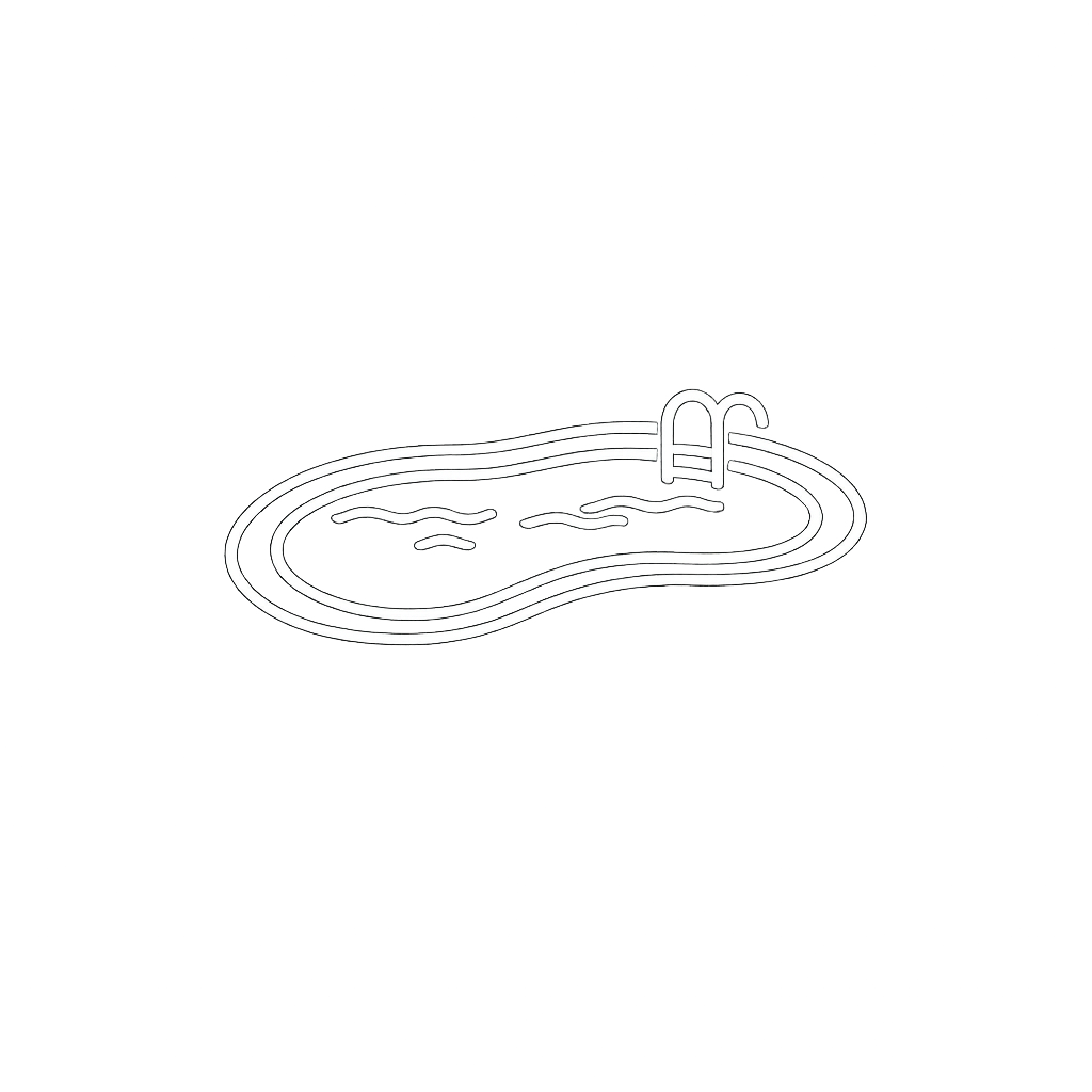 Neon outline of a swimming pool with a ladder at one end, depicted in white on a black background.