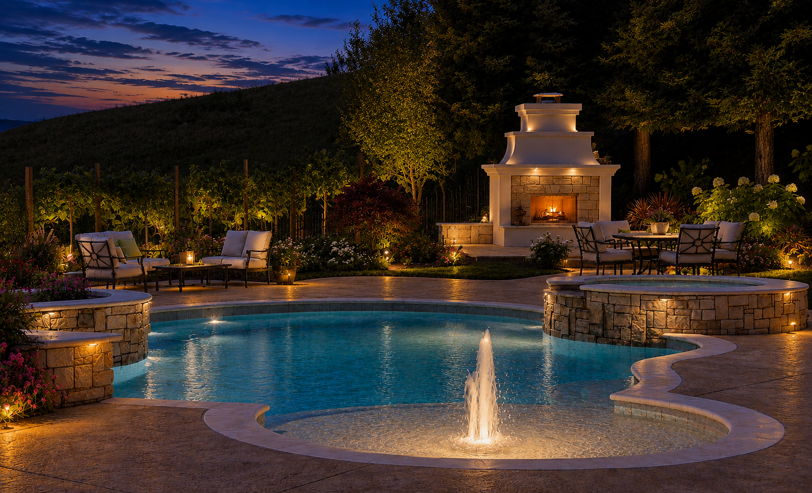 A backyard with a swimming pool illuminated at night, surrounded by outdoor seating, a stone fireplace, trees, and landscaped plants with outdoor lighting.