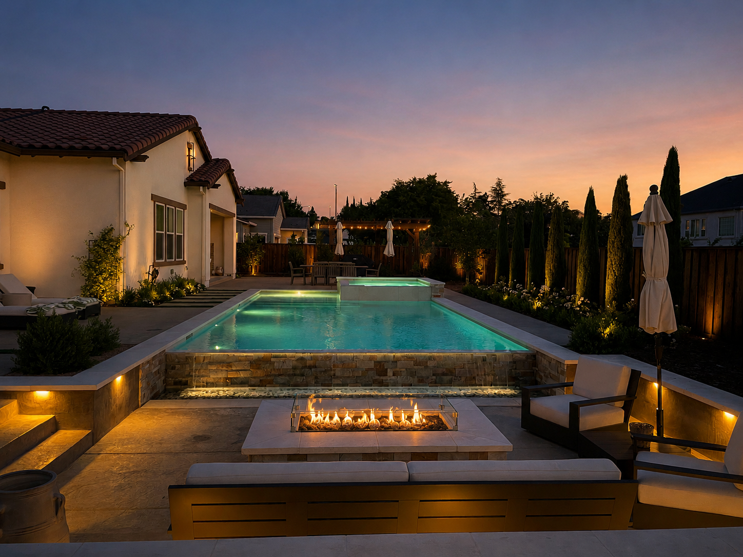 Backyard with illuminated swimming pool, fire pit, outdoor seating, and a sunset sky.