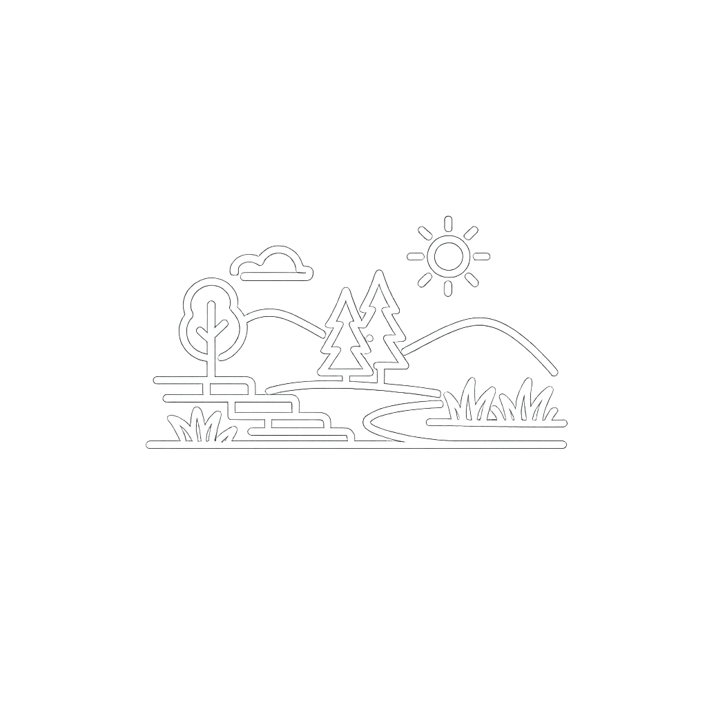 Line drawing of outdoor landscape with trees, hills, a stream, the sun, and clouds.