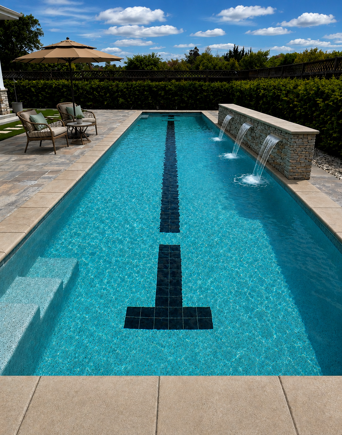 Outdoor swimming pool with three water spouts, poolside seating with umbrella, lounge chairs, and green hedges under a blue sky with clouds.