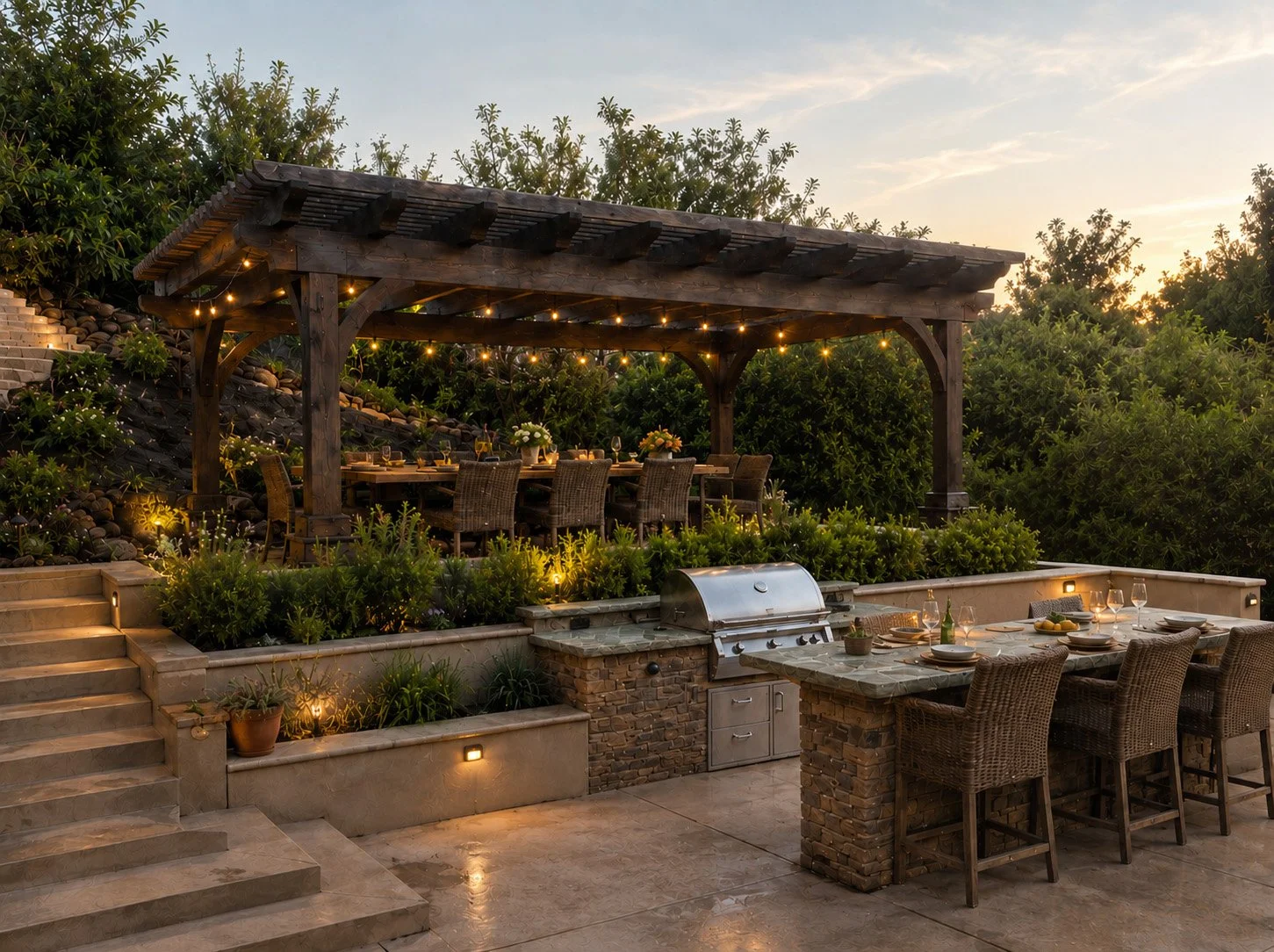 An outdoor dining area with a large table set for a meal, surrounded by wicker chairs. A grill is built into a stone counter. Above, a wooden pergola with string lights provides shade, and there are lush green trees and bushes in the background. The area is lit with warm, ambient lighting.