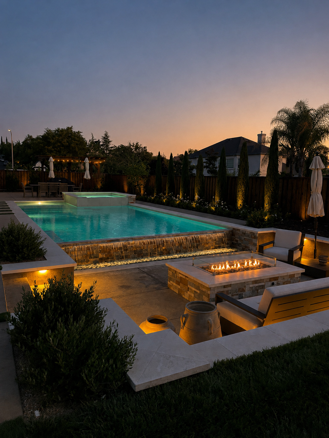 A backyard at dusk with a rectangular swimming pool, a sunken hot tub, and a fire feature surrounded by patio seating and landscaping, illuminated by outdoor lighting.