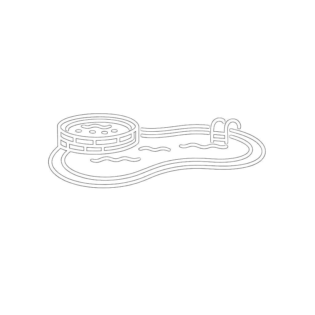 Outline drawing of a swimming pool with a ladder and a round pool heater or hot tub at the side.