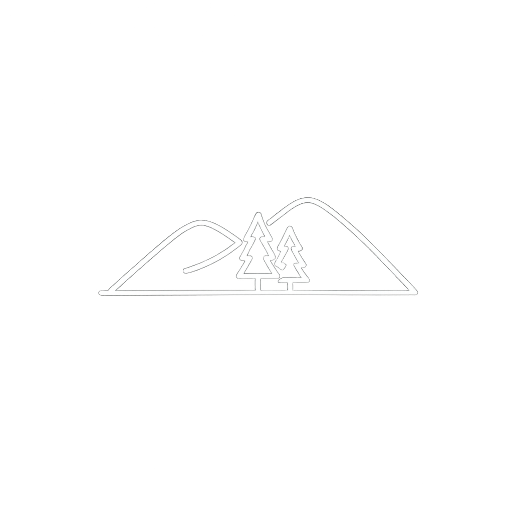 Outline drawing of mountains with two pine trees in the foreground.