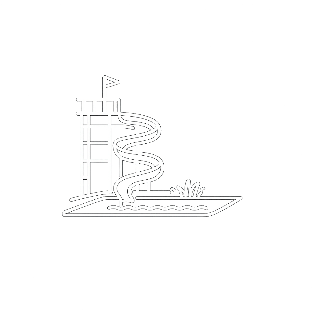 Outline of a waterpark slide with a tower, a spiral slide, and a splash pool, shown in white on a black background.