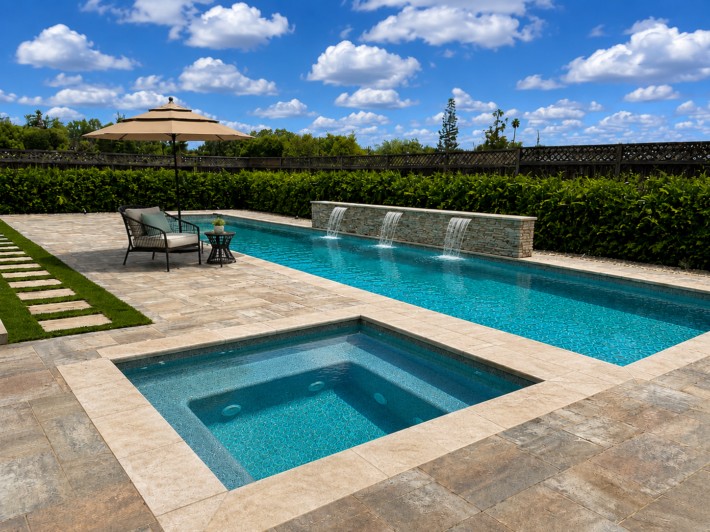 Backyard with a swimming pool, hot tub, outdoor seating, umbrella, waterfall feature, lush bushes, trees, blue sky, and white clouds.