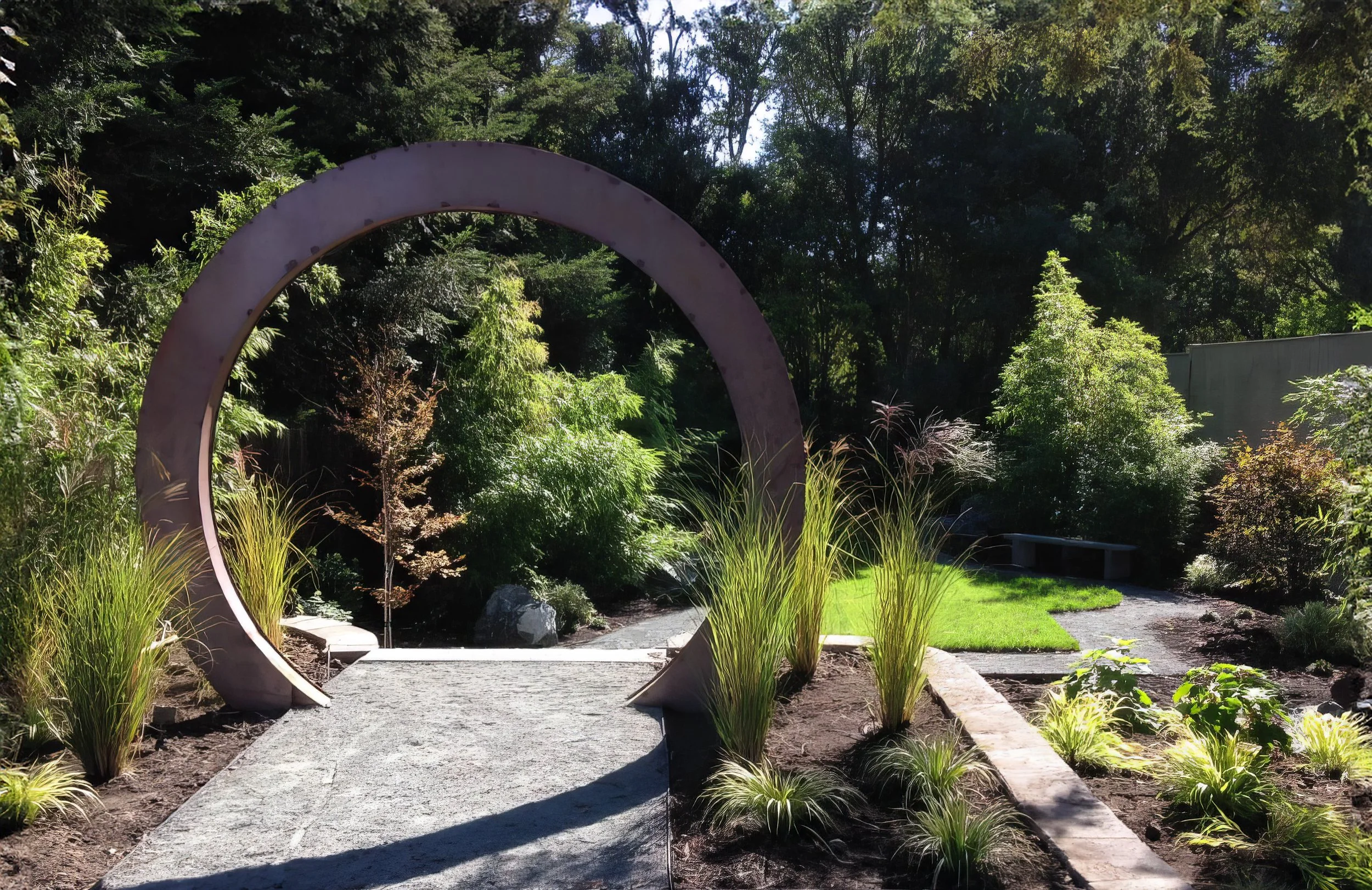 A garden with a large metal circle sculpture, surrounded by various green plants, shrubs, and trees. A stone pathway leads through the garden with a small grassy area in the background, beside a wooded area under bright sunlight.