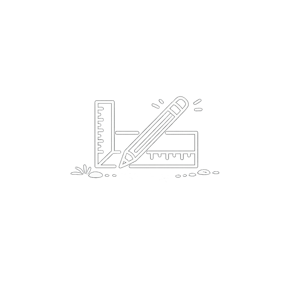 Illustration of a ruler, a triangle, a pencil, and a ruler, all white on a black background.