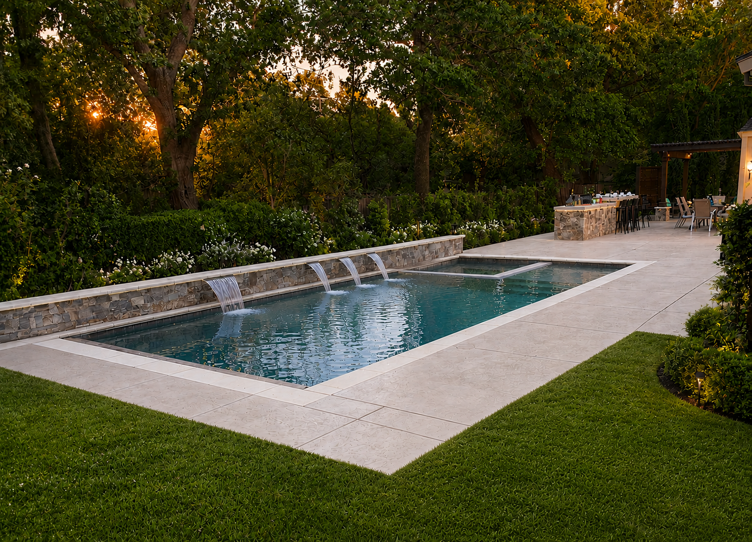 A backyard with a small swimming pool featuring three small waterfalls flowing into it. The pool is surrounded by white tiled paving and lush green grass. In the background, there are tall trees and dense foliage, with the setting sun visible through the leaves. To the right, there is an outdoor bar area with chairs and tables.