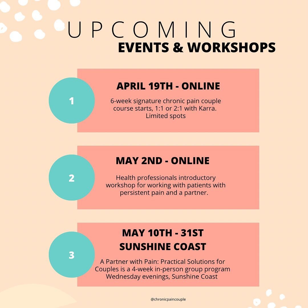 A lot is happening this April and May for partners with chronic pain. Link in bio for all events and more info 🎉

If you&rsquo;re on the Sunshine Coast, we have a 4-week group couples program in Birtinya starting May 10th💫 

April 19th is the start